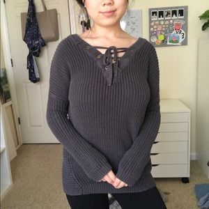 Cotton On Grey Lace Up V-Neck Knit Sweater